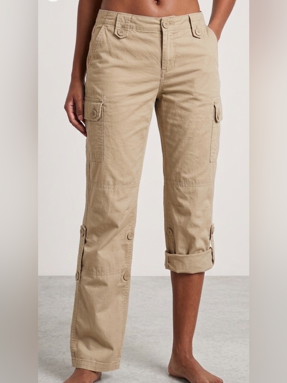 Old Navy Y2K Cargo RollUp Tab 8 Straight Leg Cotton Tan Utility Pants Capri Zip